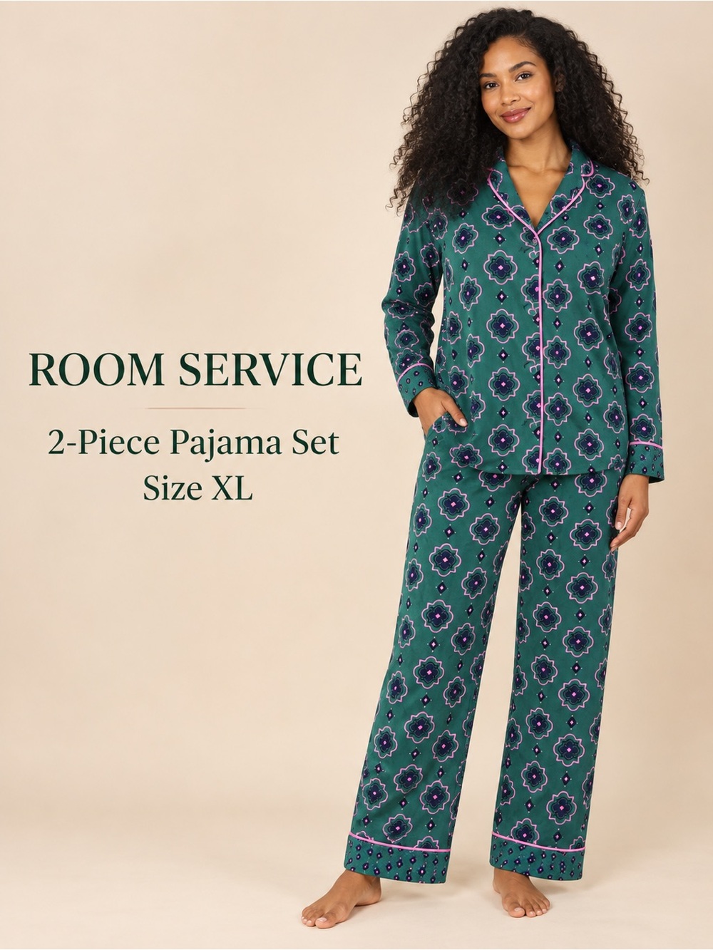 Room Service Green Floral Notch Collar 2-Piece Pajama Set Size XL